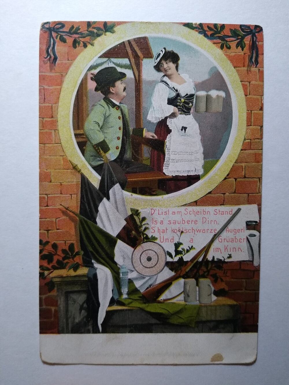 Vintage German Bavarian Shooting Fest Postcard Dirndl Lederhosen Beer Mugs
